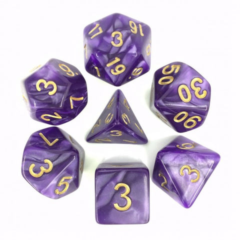 Purple with Golden Numbers Pearl Dice Set