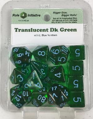 Polyhedral Dice Set: Translucent Dark Green with Light Blue Numbers (15)
