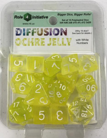 Polyhedral Dice Set: Diffusion Ochre Jelly w/ White Numbers (15)
