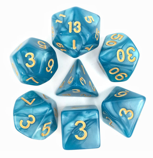 Light Blue with Golden Numbers Pearl Dice Set