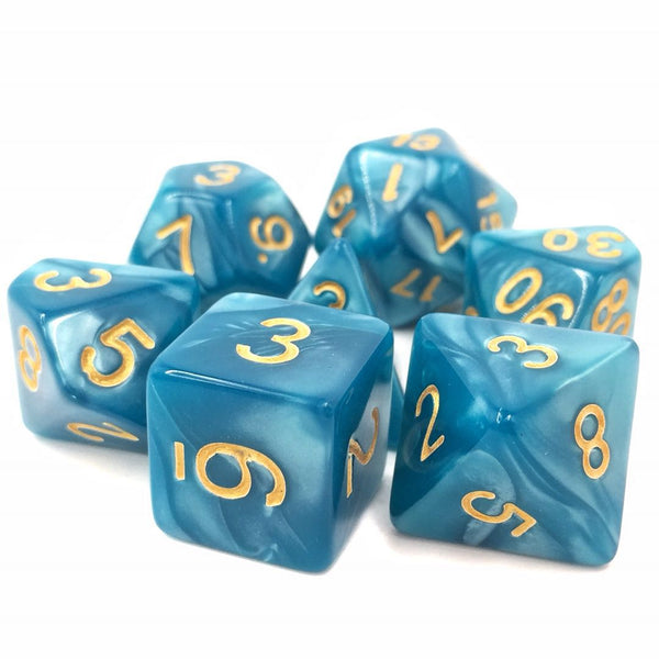 Light Blue with Golden Numbers Pearl Dice Set