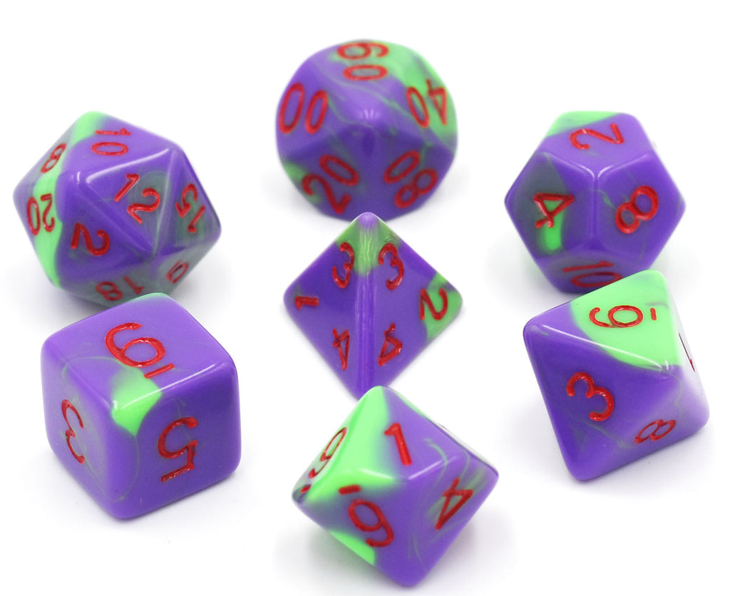 Purple/Green with Red Numbers Blend Dice Set