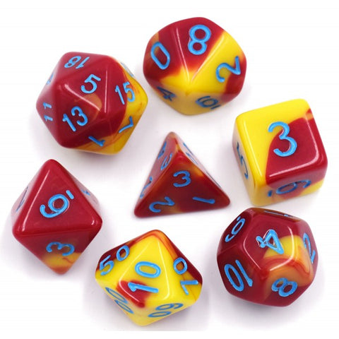 Red/Yellow with Blue Numbers Blend Dice Set