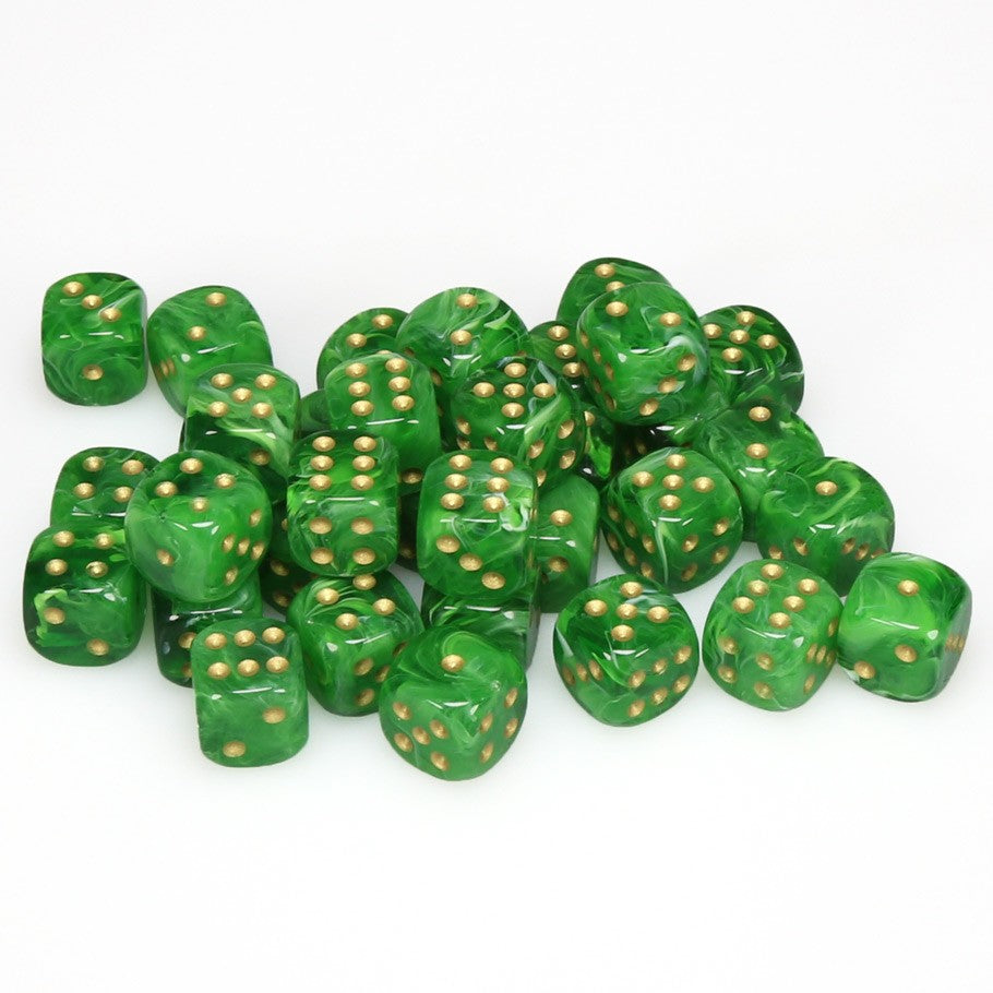 d6 Cube - Vortex: 12mm Green with Gold Set (36 dice)