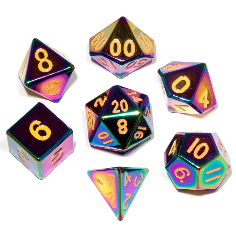 Metallic Dice Games - 7 Dice Set: 16mm Flame Torched Rainbow Metal