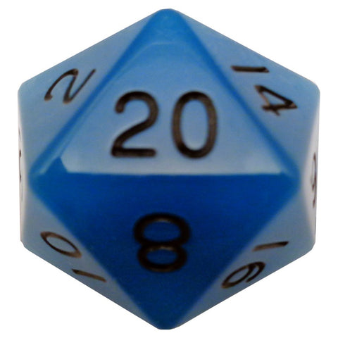 Mega D20: 35mm Glow-in-the-dark Blue with Black Numbers