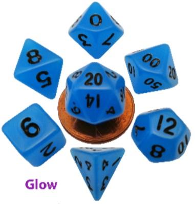 Mini Polyhedral Dice Set: Glow Blue w/Black Numbers (7)
