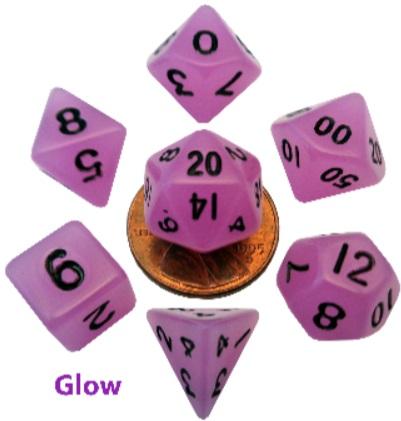 Mini Polyhedral Dice Set: Glow Purple w/Black Numbers (7)