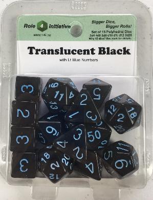 Polyhedral Dice Set: Translucent Black (Smoke) with Light Blue Numbers (15)