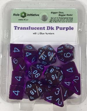 Polyhedral Dice Set: Translucent Dark Purple with Light Blue Numbers (15)