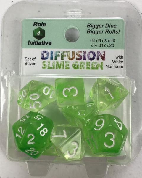 Polyhedral Dice Set: Diffusion Slime Green w/ White Numbers (7)