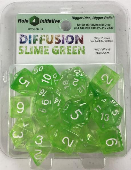 Polyhedral Dice Set: Diffusion Slime Green w/ White Numbers (15)