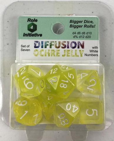Polyhedral Dice Set: Diffusion Ochre Jelly w/ White Numbers (7)