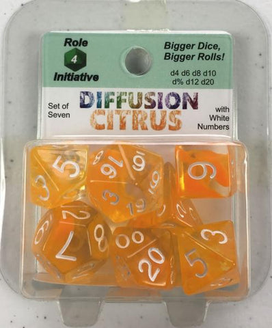 Polyhedral Dice Set: Diffusion Citrus w/ White Numbers (7)