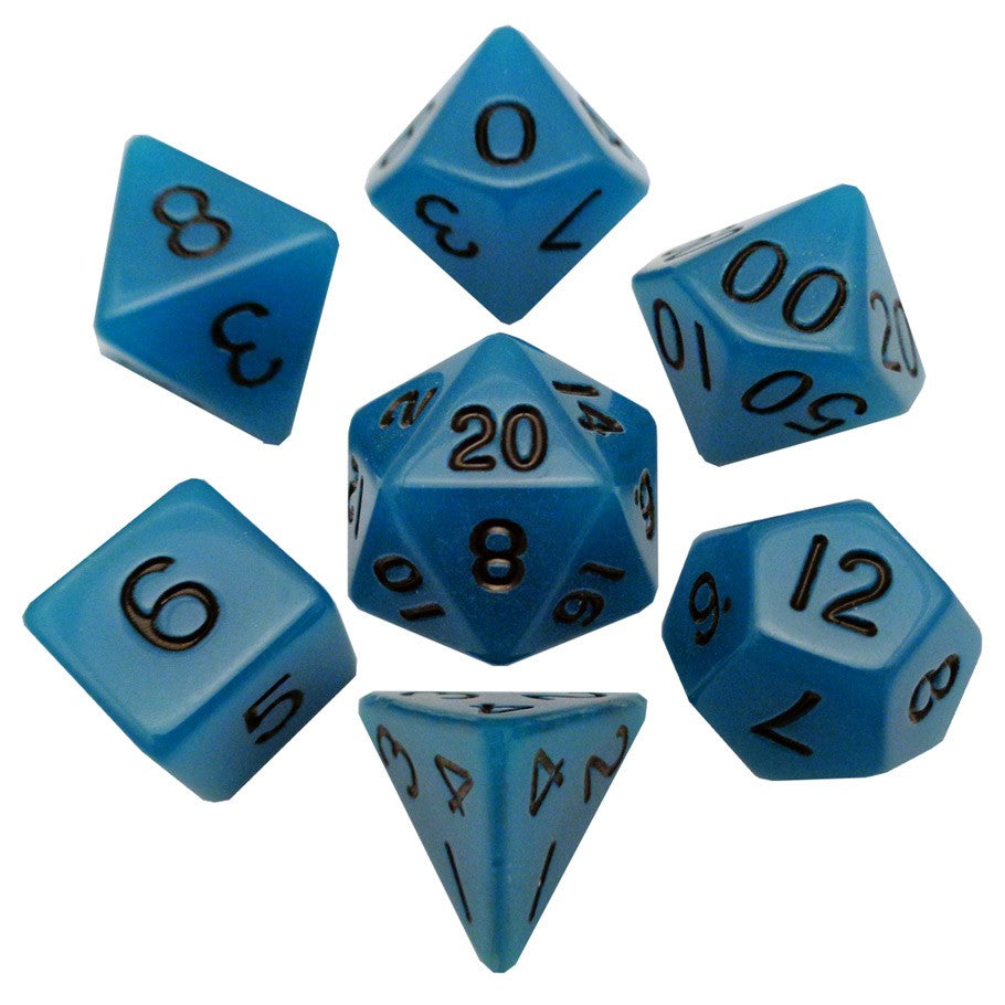 16mm 7-Dice Set: Glow-in-the-dark Blue with Black Numbers